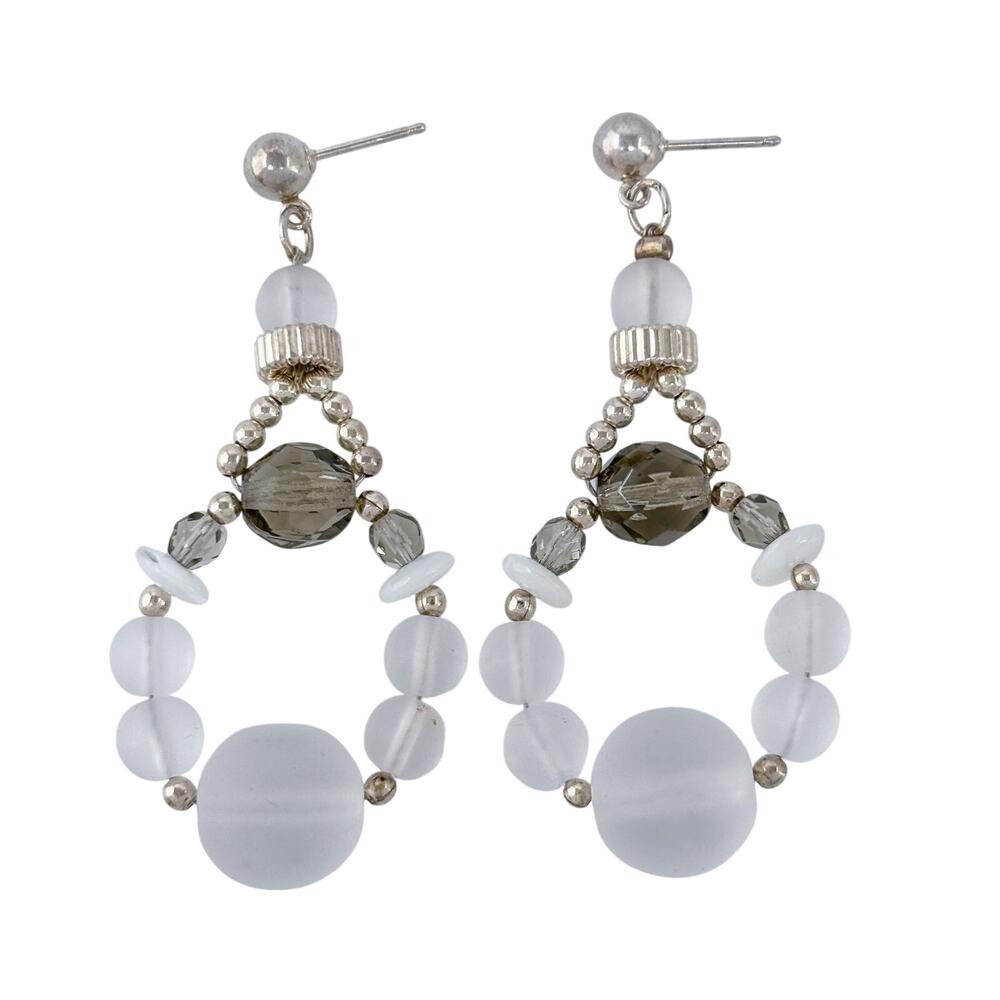 Vintage Sterling Silver 925 Gray Crystal Bead Dangle Earrings
